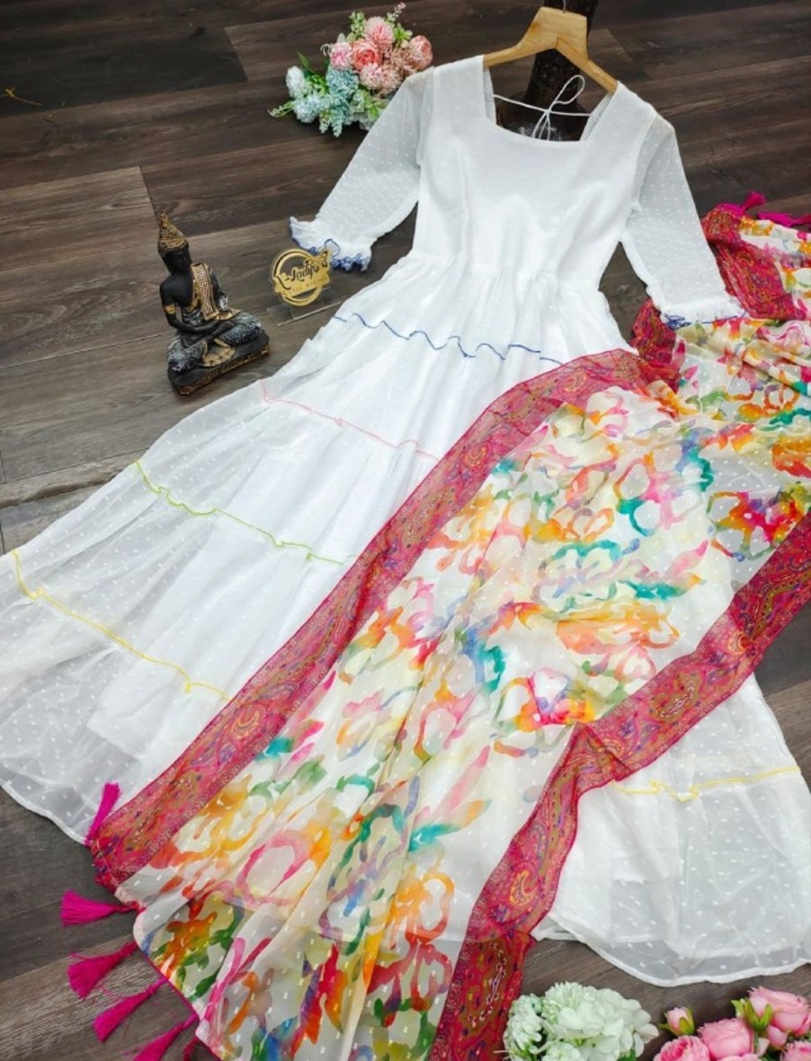 Women IndiFeels Suits | Chiffon White Gown With Digital Printed Duppata