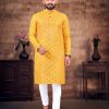 Men IndiFeels | Mirror Work Design Kurta With Pajama Yellow