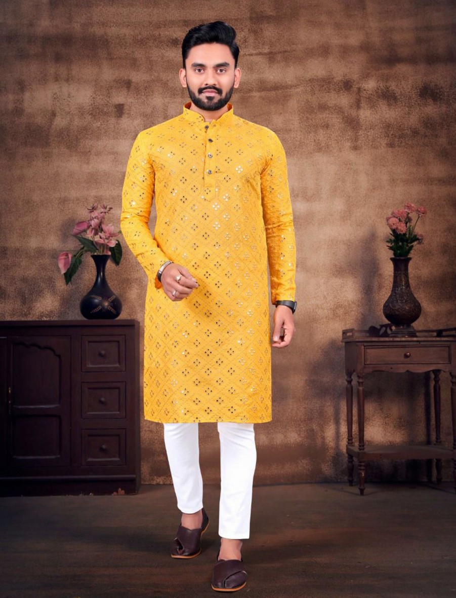 Men IndiFeels | Mirror Work Design Kurta With Pajama Yellow