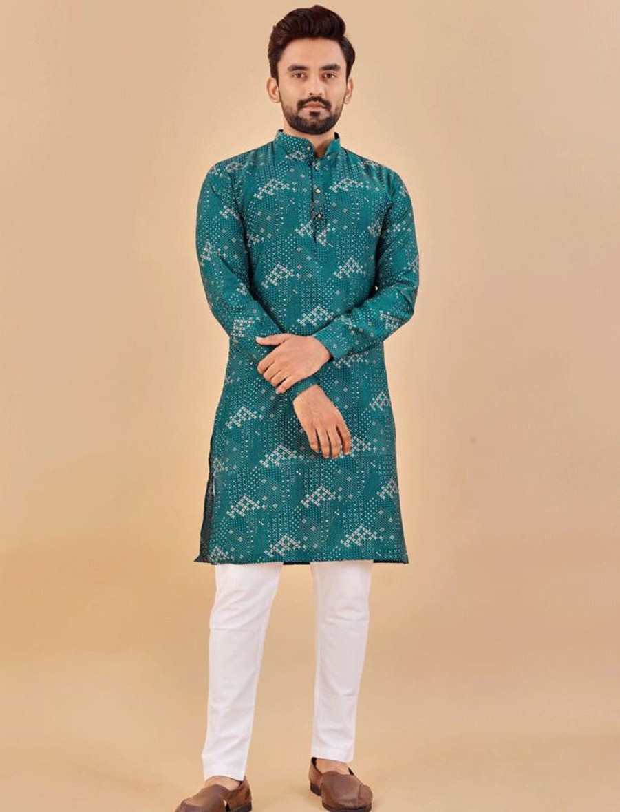 Men IndiFeels | Sea Green Men Printed Kurta Pajama