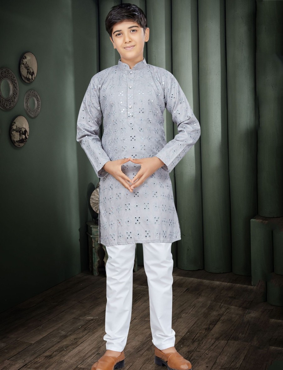 Kids IndiFeels | Boys Grey Mirror Kurta Pajama