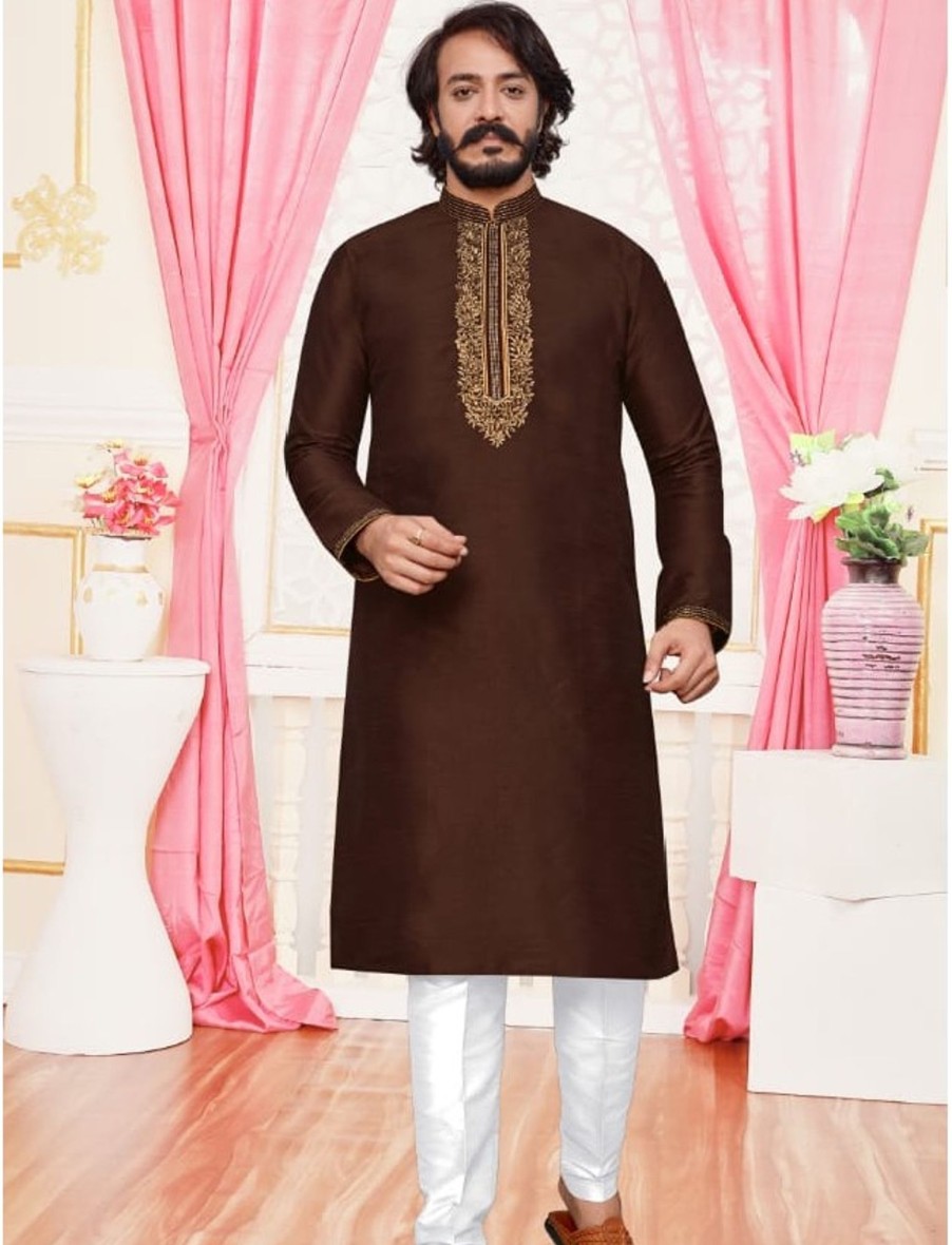 Men IndiFeels | Brown Silk Mens Kurta Pajama