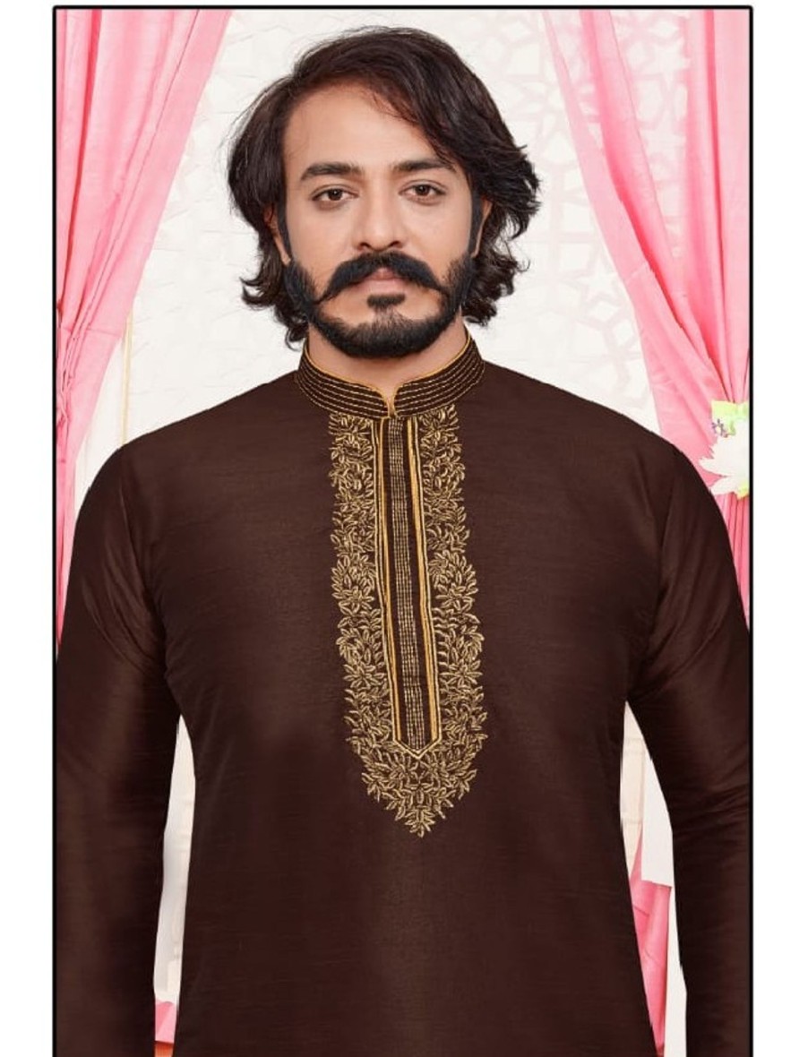 Men IndiFeels | Brown Silk Mens Kurta Pajama