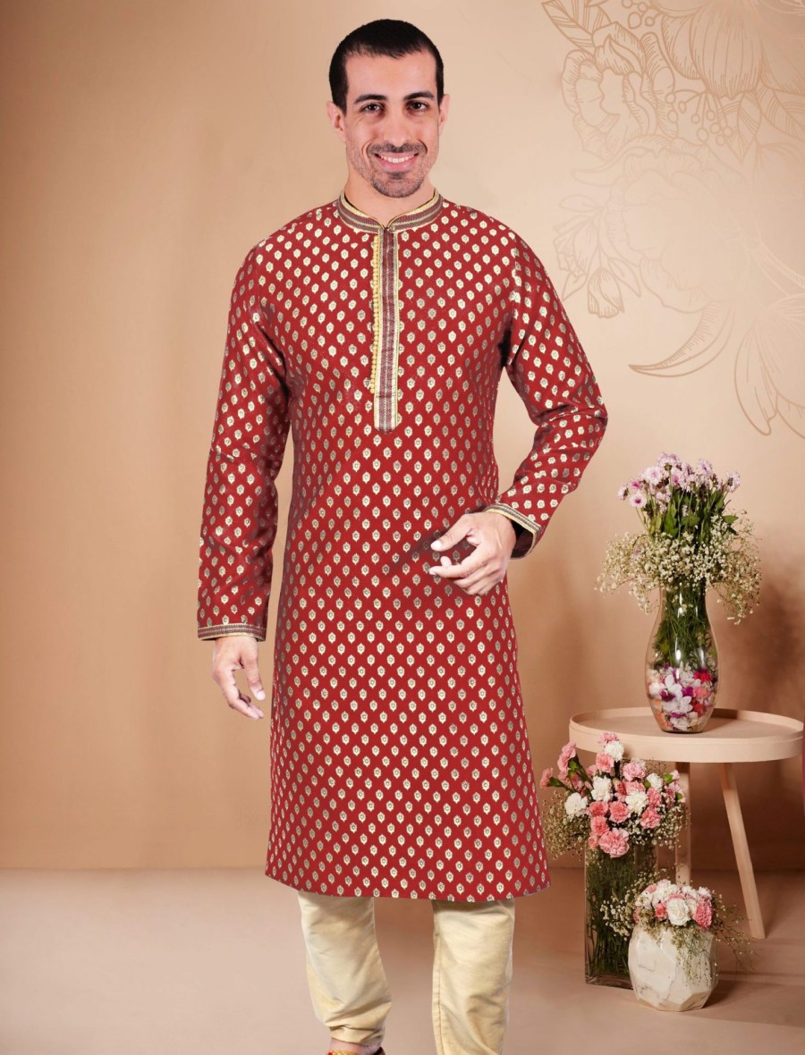 Men IndiFeels | Cotton Kurta Pajama- Red