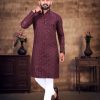 Men IndiFeels | Mirror Work Design Kurta With Pajama Wine Maroon