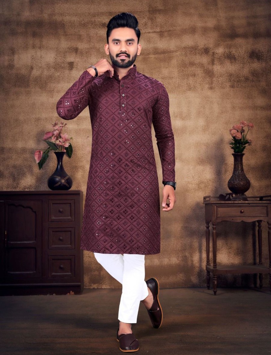 Men IndiFeels | Mirror Work Design Kurta With Pajama Wine Maroon