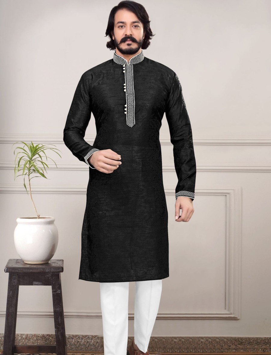 Men IndiFeels | Self Print Kurta Pajama - Black