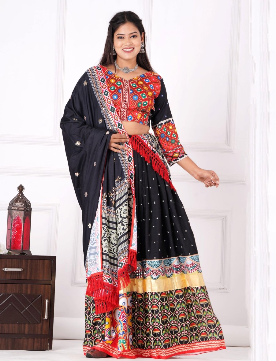 Women IndiFeels Lehenga | Red And Black Navaratri Mirror Chaniya Choli Lehnga