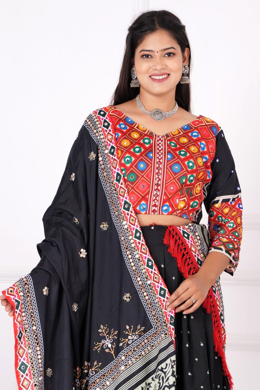 Women IndiFeels Lehenga | Red And Black Navaratri Mirror Chaniya Choli Lehnga