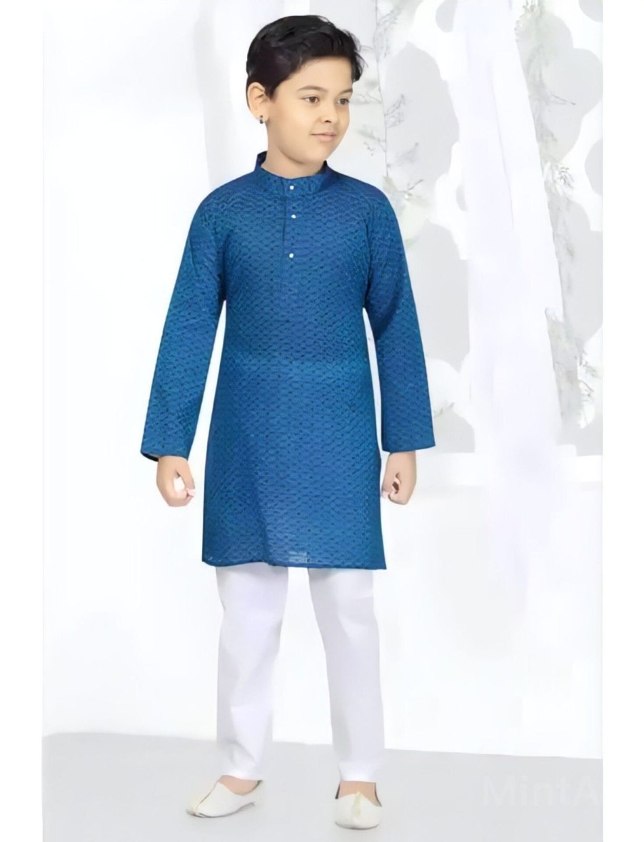 Kids IndiFeels | Printed Kurta Pyjama Blue Color