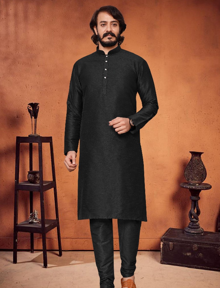 Men IndiFeels | Men'S Silk Kurta Pajama - Black