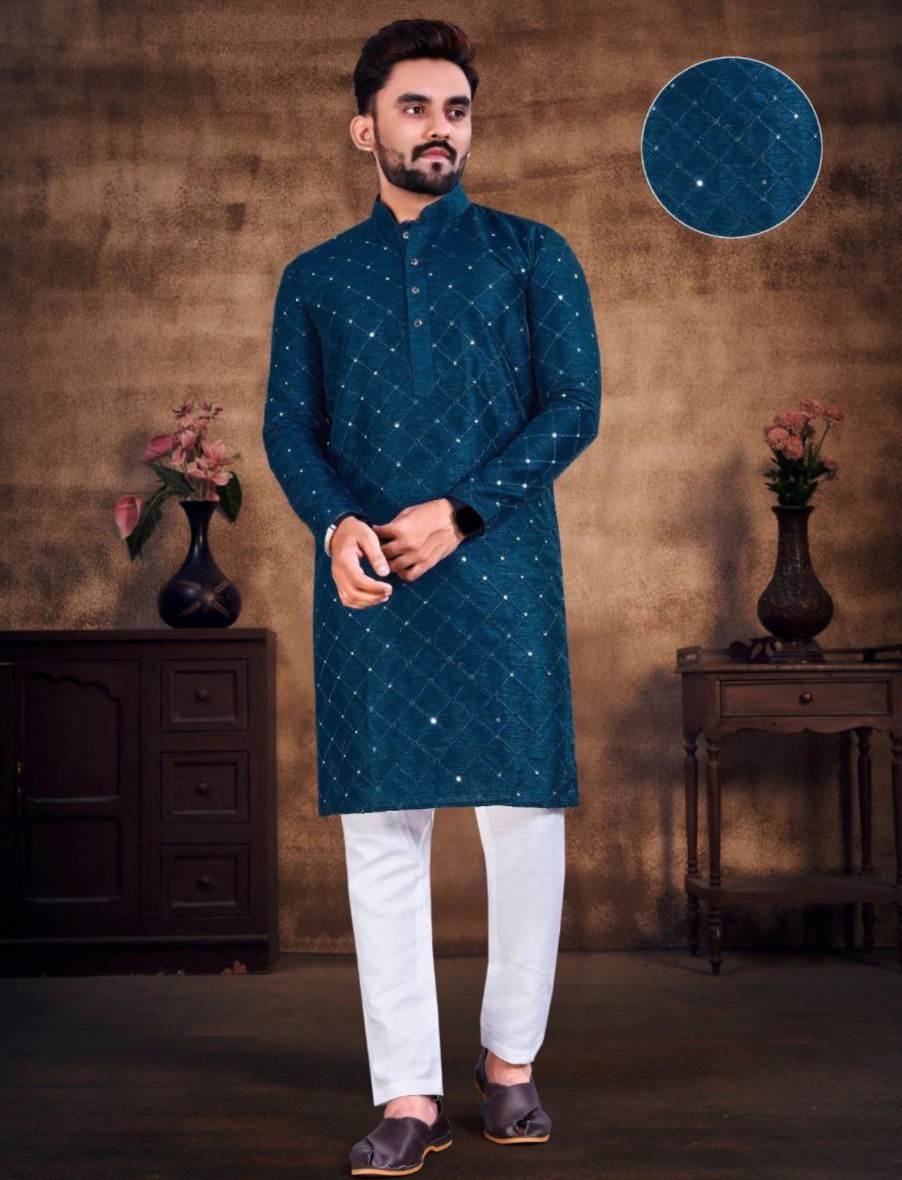 Men IndiFeels | Mirror Work Kurta Pajama In Teal Color