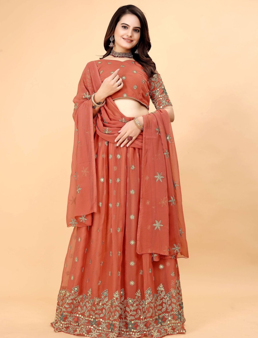 Women IndiFeels Lehenga | Embroidered Georgette Peach Lehenga