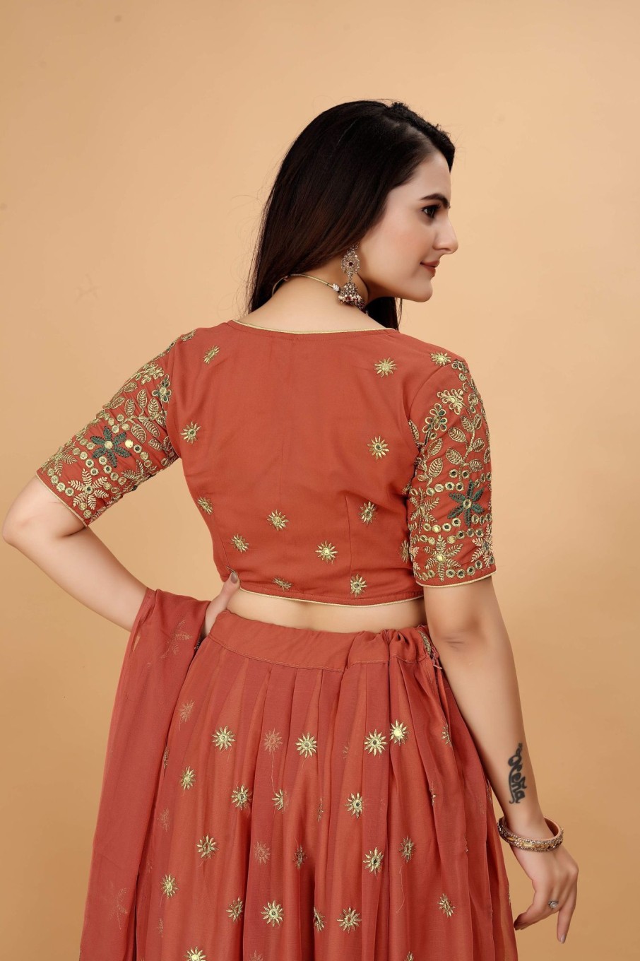 Women IndiFeels Lehenga | Embroidered Georgette Peach Lehenga