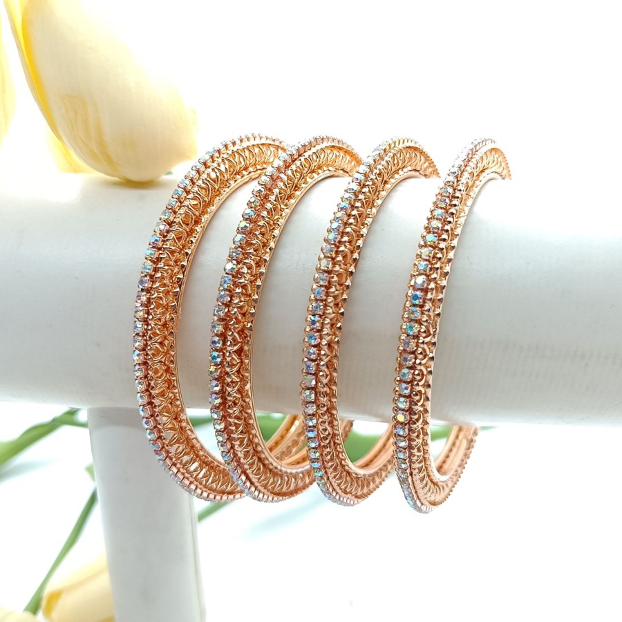 Women IndiFeels Bangles | Rainbow Stone Set Of 4 Rose Gold Bangles