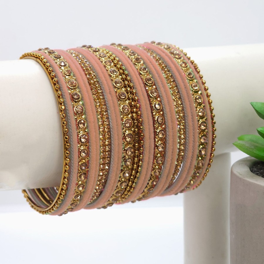 Women IndiFeels Bangles | Gold Plated Peach Velvet Bangle Set