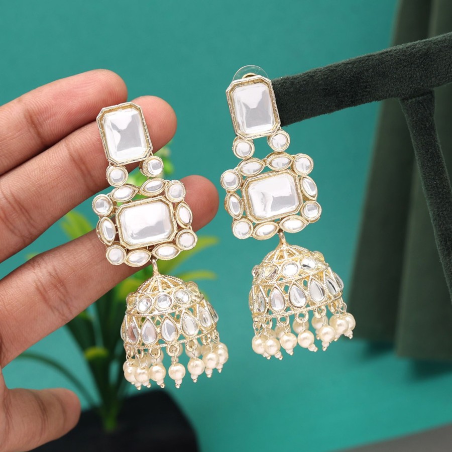 Women IndiFeels Earrings | White Kundan Jhumki Earrings