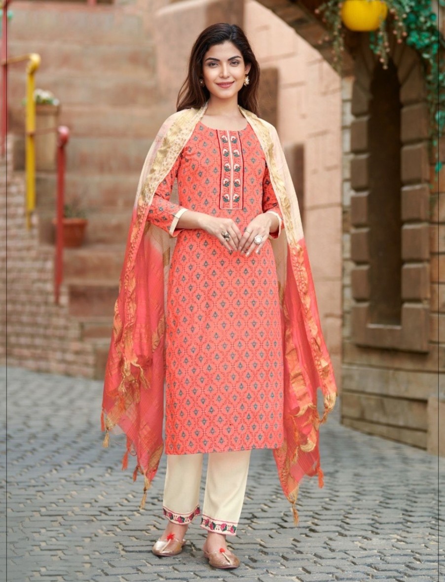 Women IndiFeels Kurti & Pants | Cotton Embroidery Suit With Dupatta Set