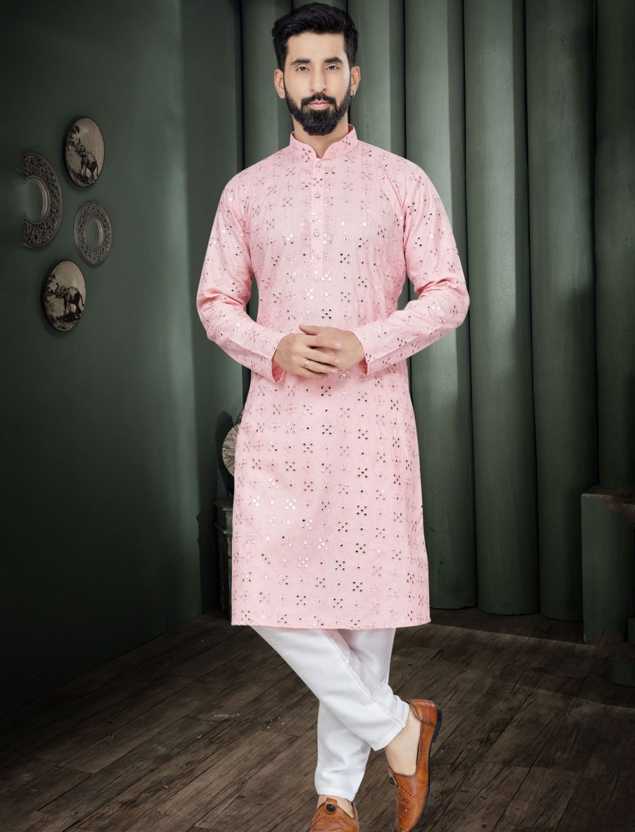 Men IndiFeels | Pink Mirror Indian Kurta Pajama