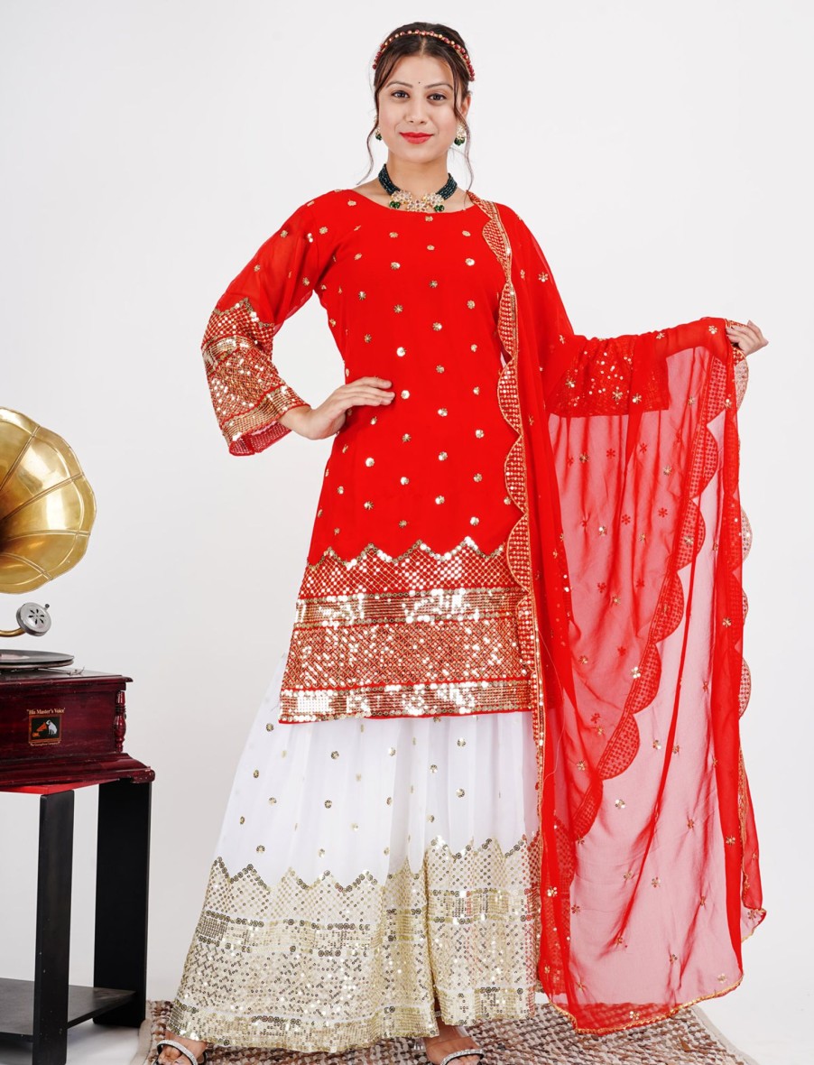 Women IndiFeels Suits | Red Heavy Sequins Work Sharara Suit