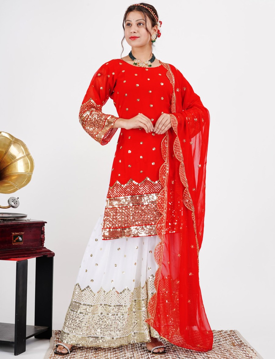 Women IndiFeels Suits | Red Heavy Sequins Work Sharara Suit