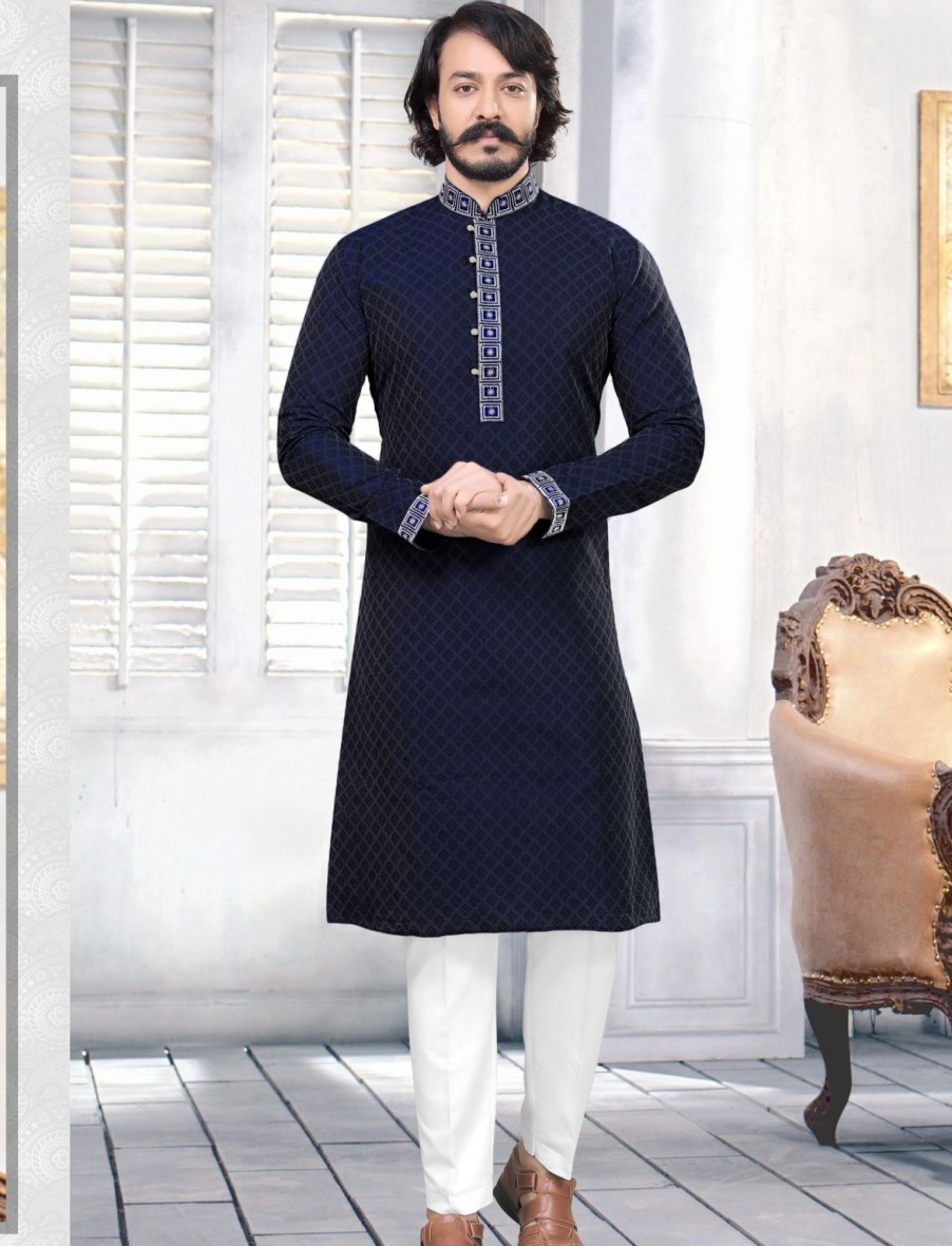 Men IndiFeels | Silk Kurta Pajama - Navy Blue