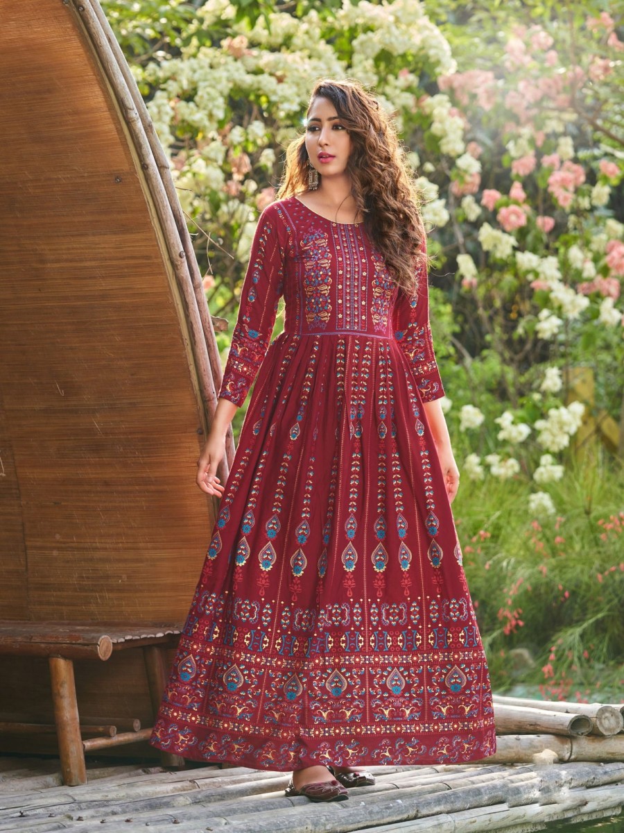 Women IndiFeels Anarkali | Long Maroon Anarkali Kurti Woman