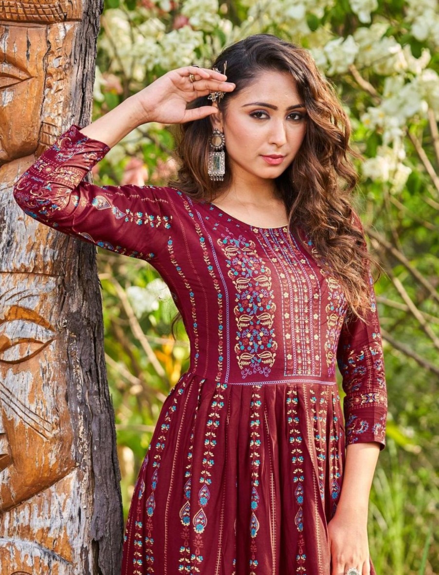 Women IndiFeels Anarkali | Long Maroon Anarkali Kurti Woman