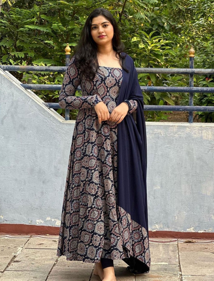 Women IndiFeels Anarkali | Long Blue Printed Kurti Women