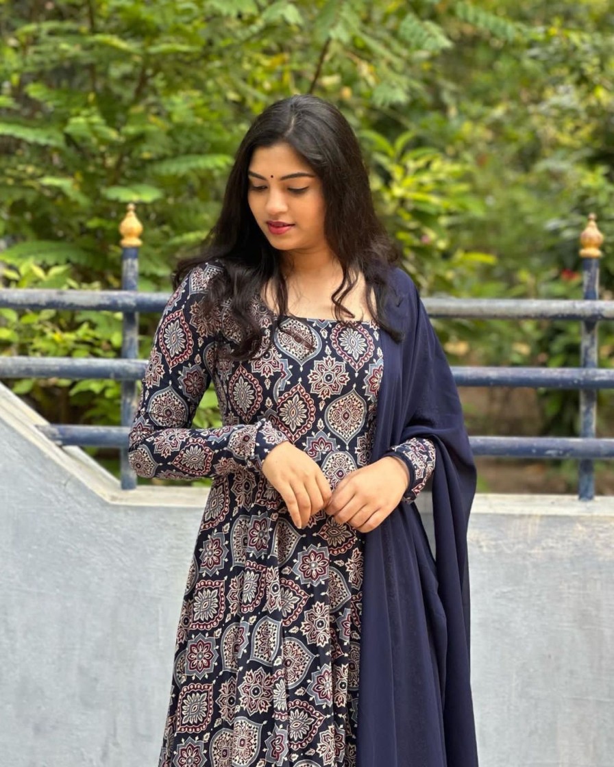 Women IndiFeels Anarkali | Long Blue Printed Kurti Women