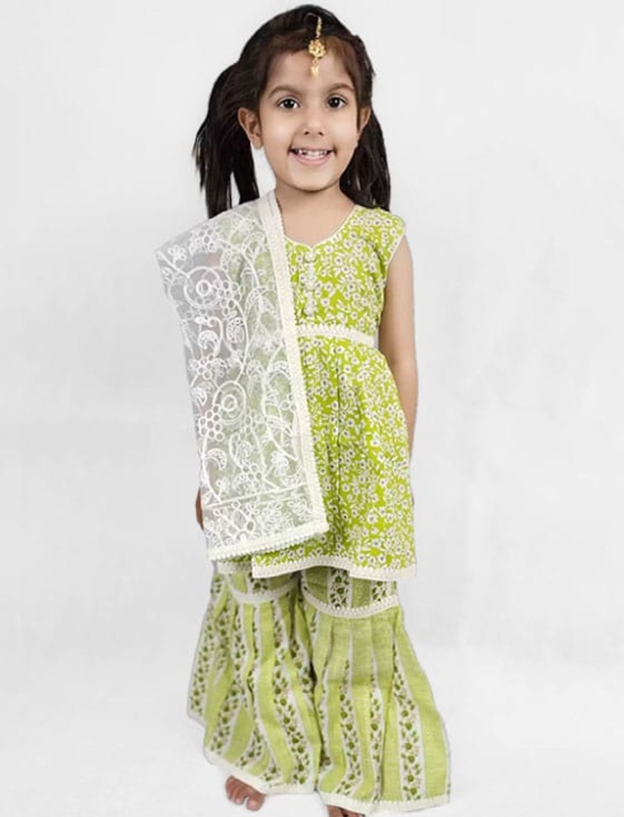 Kids IndiFeels | Green Gharara Suit For Girls