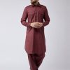 Men IndiFeels | Collar Pathani Kurta Pajama - Maroon