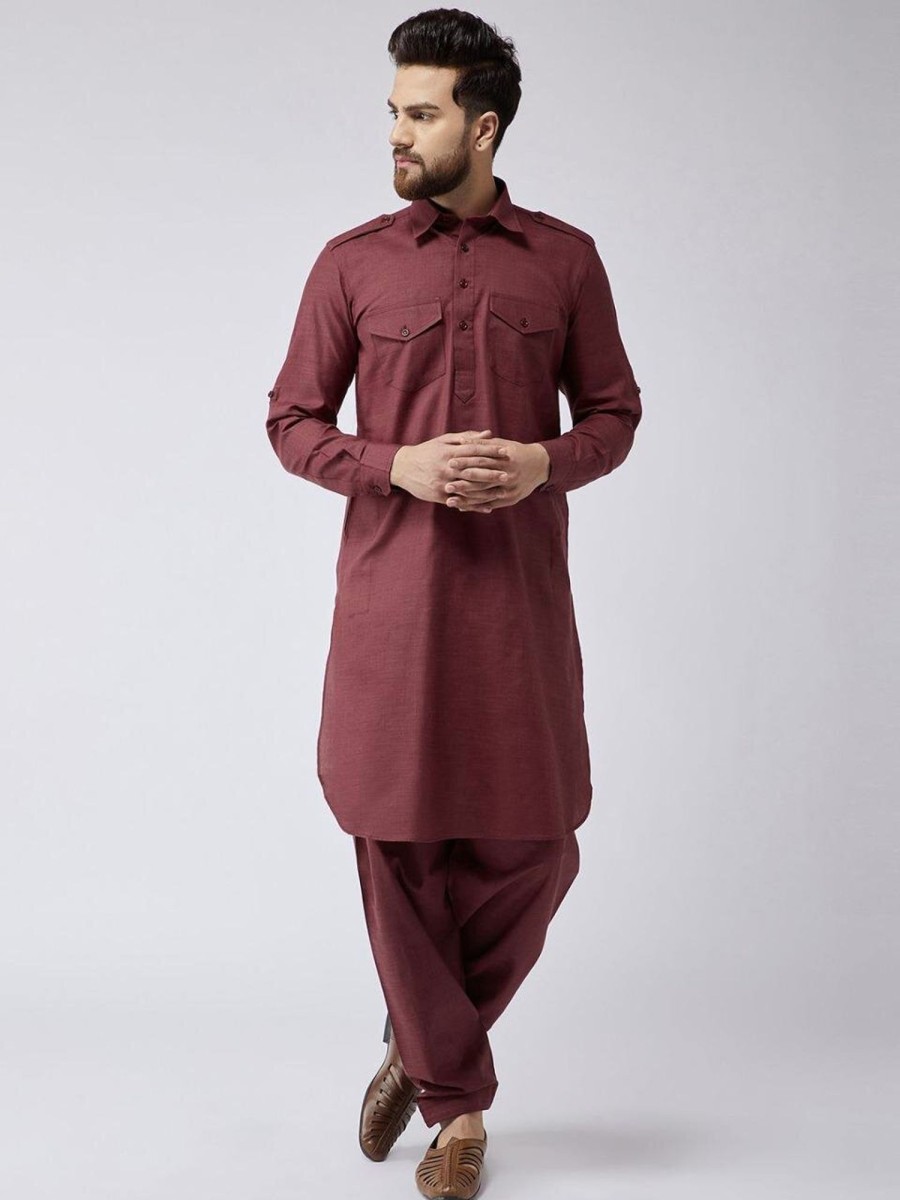 Men IndiFeels | Collar Pathani Kurta Pajama - Maroon