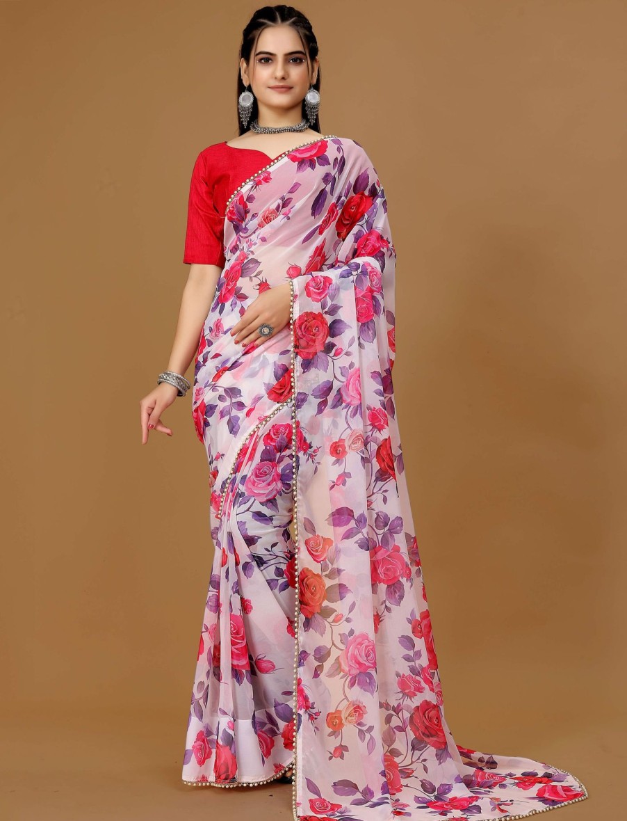 Women IndiFeels Sarees | Pearl Lace Floral Saree