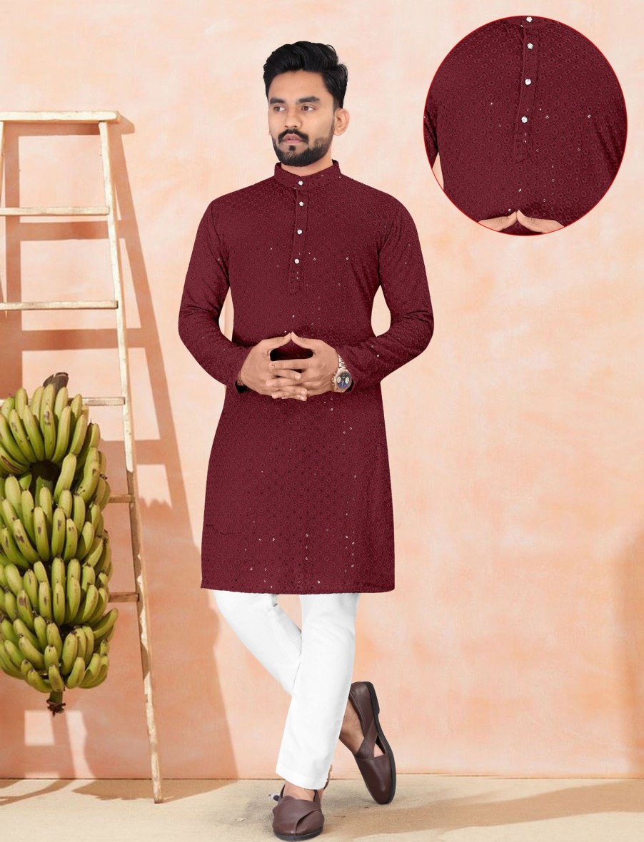 Men IndiFeels | Maroon Lucknowi Work Kurta Pajama