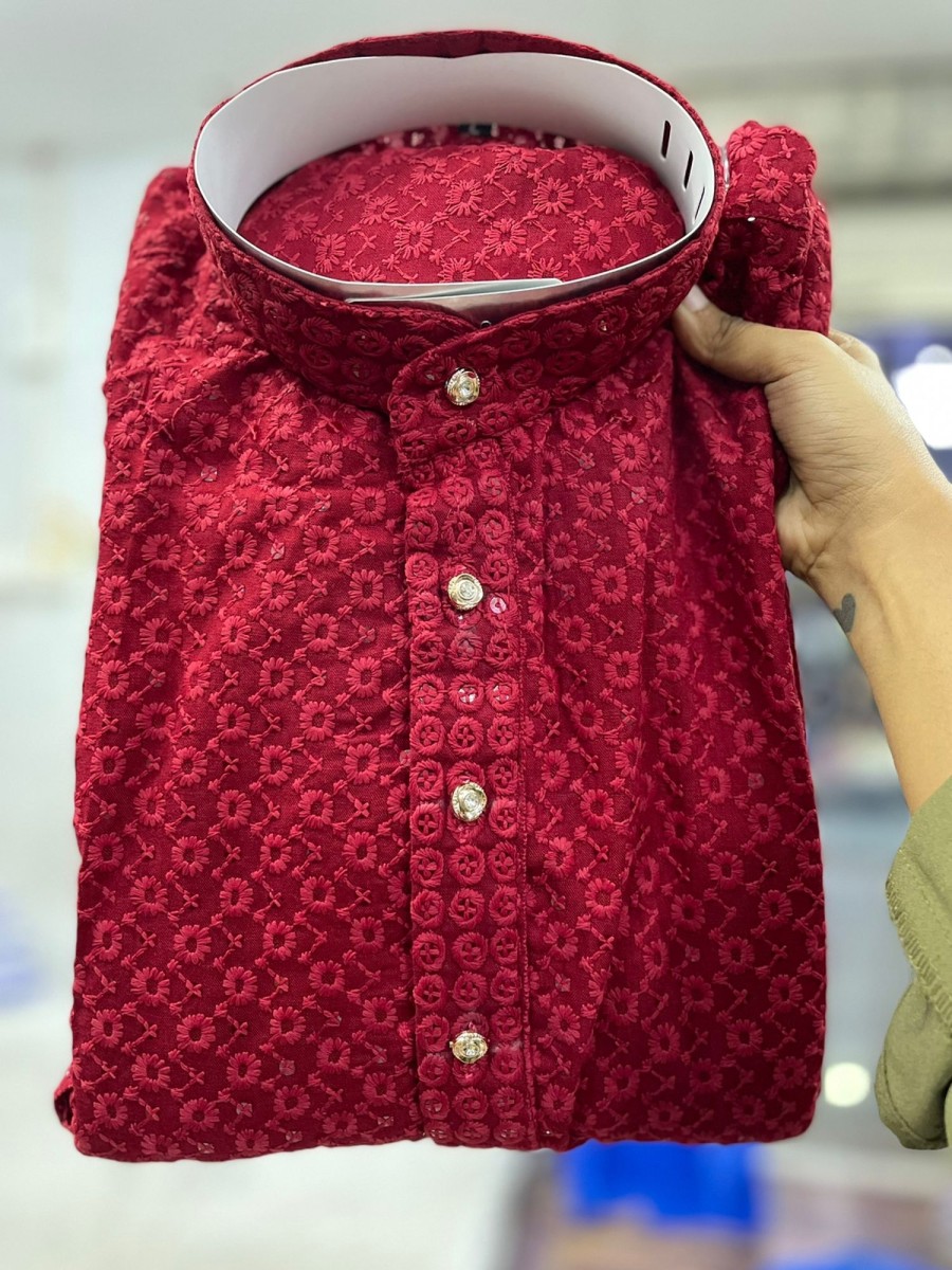 Men IndiFeels | Maroon Lucknowi Work Kurta Pajama