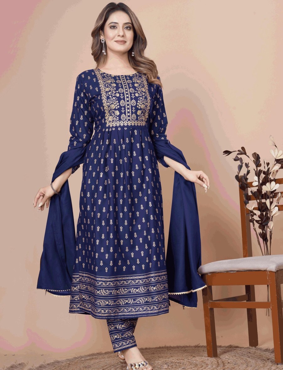 Women IndiFeels Anarkali | Printed Blue Nayra Cut Suit For Women