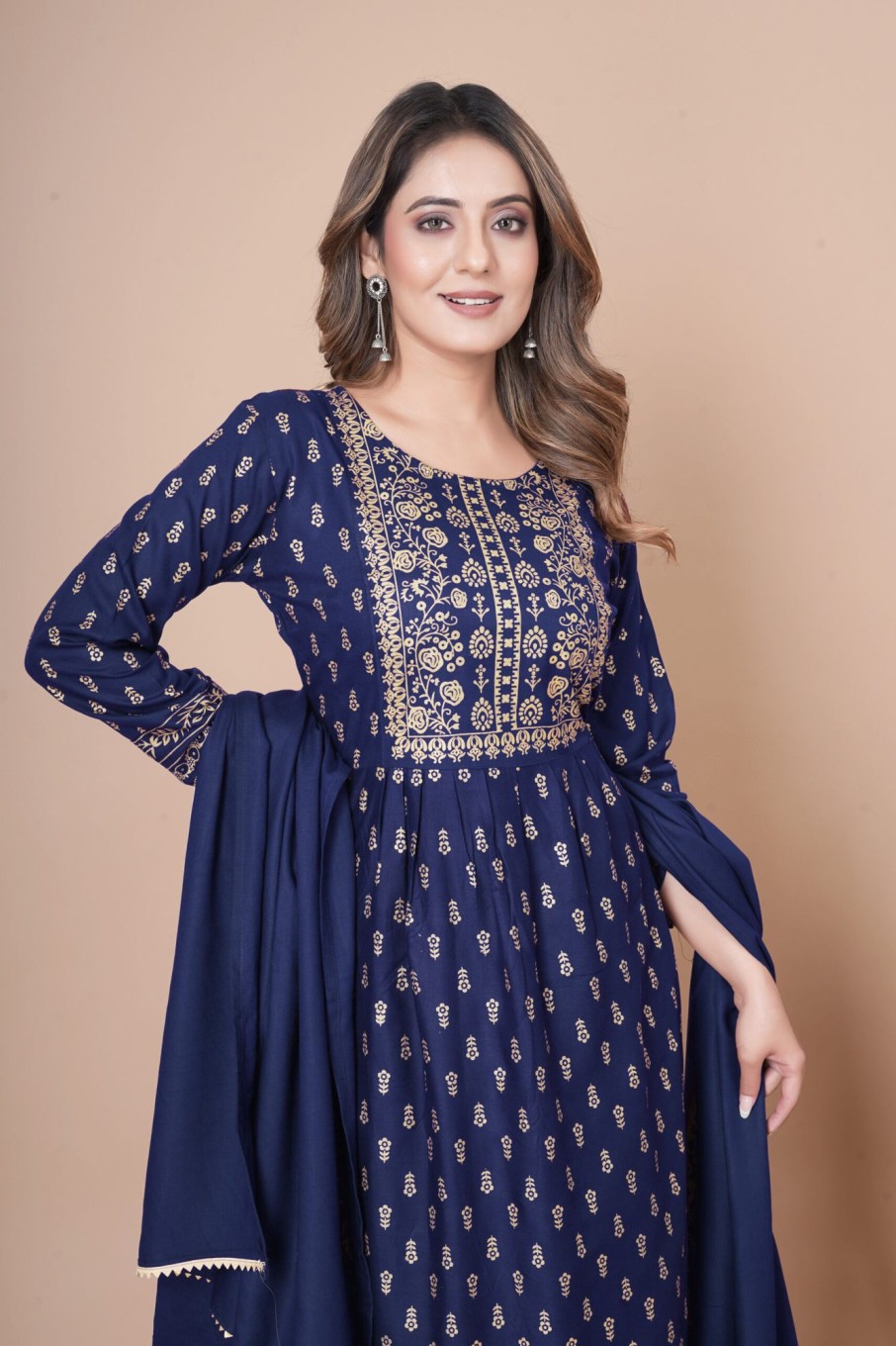 Women IndiFeels Anarkali | Printed Blue Nayra Cut Suit For Women