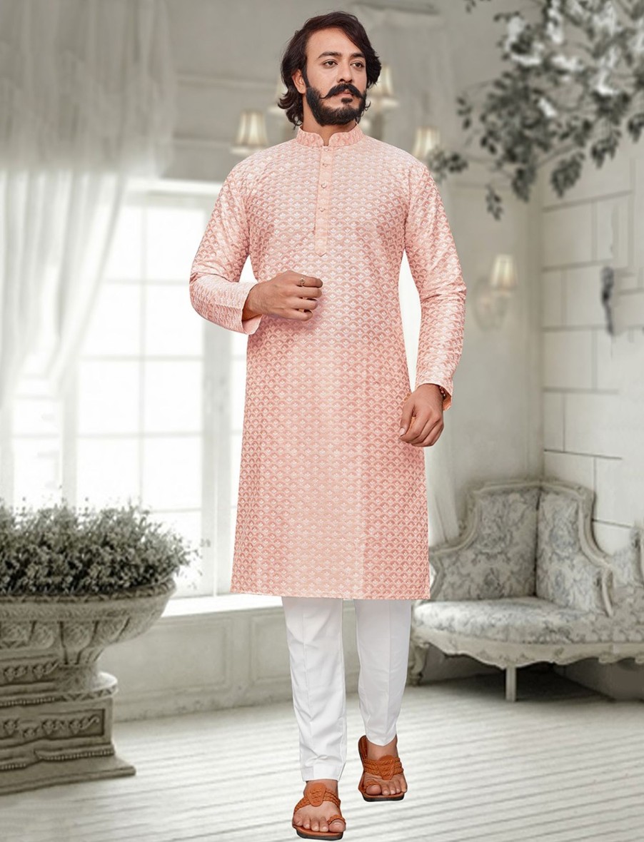 Men IndiFeels | Men'S Lucknowi Chikan Work Kurta Pyjama