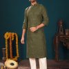 Men IndiFeels | Embroidered Cotton Kurta Pajama Set In Green