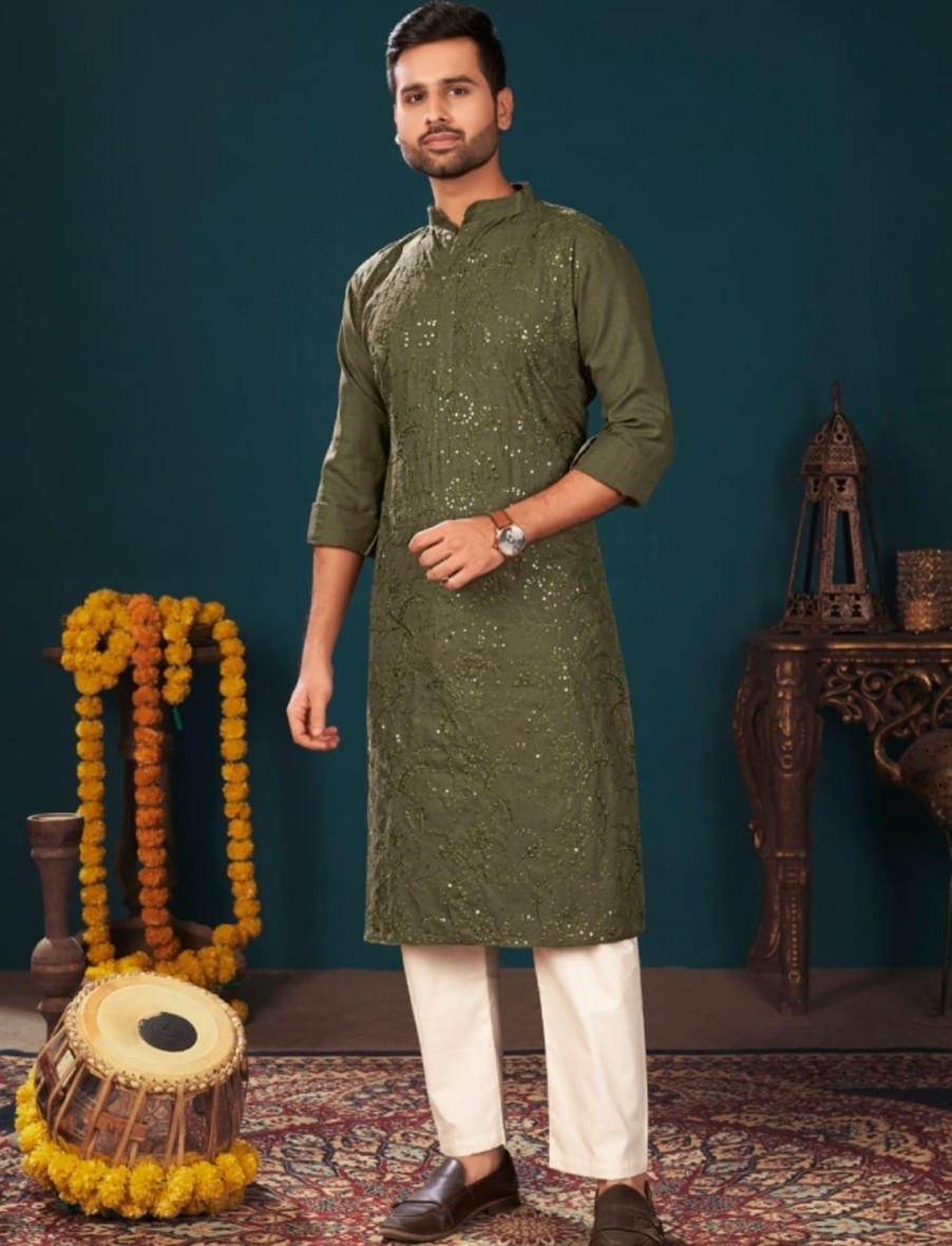 Men IndiFeels | Embroidered Cotton Kurta Pajama Set In Green