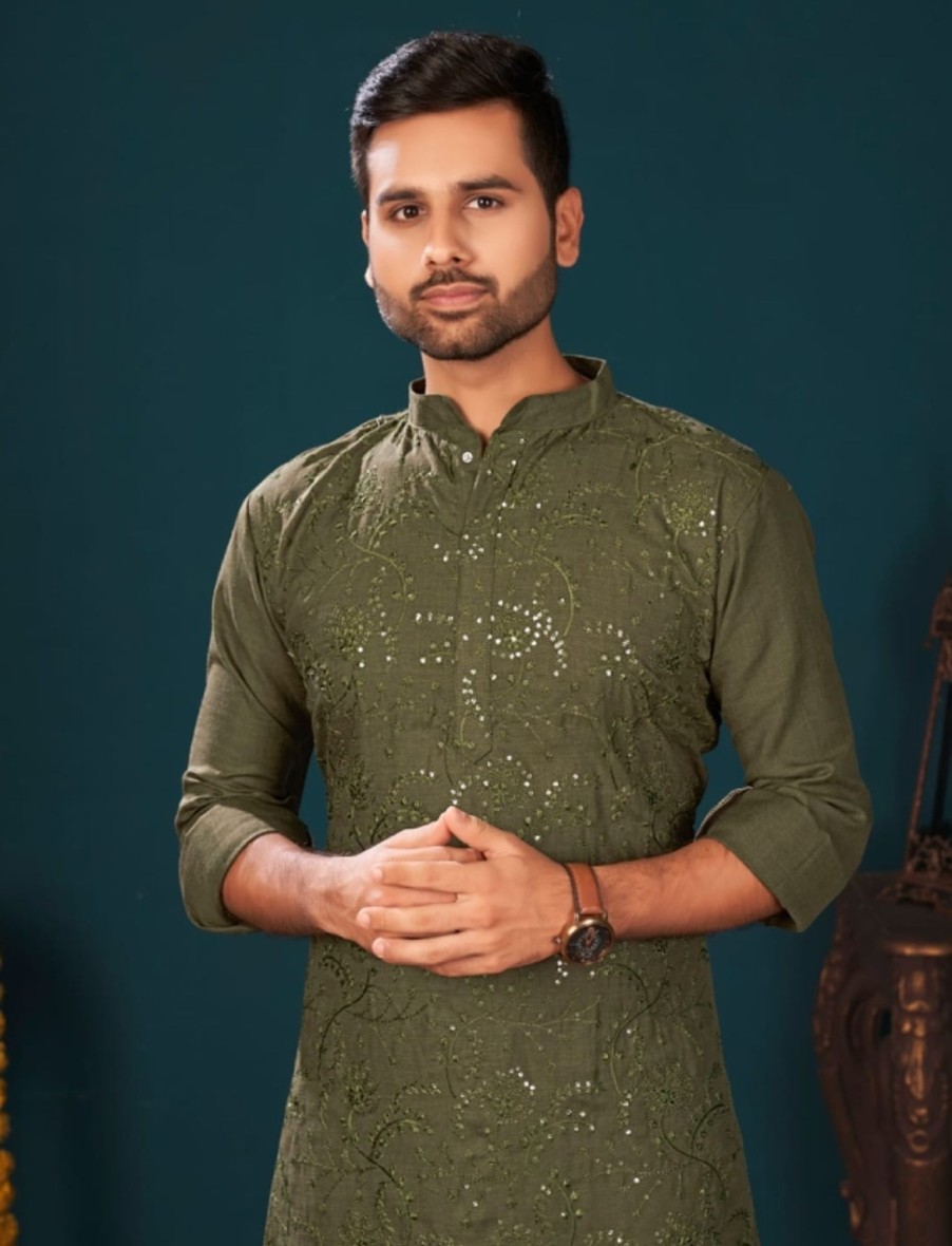 Men IndiFeels | Embroidered Cotton Kurta Pajama Set In Green