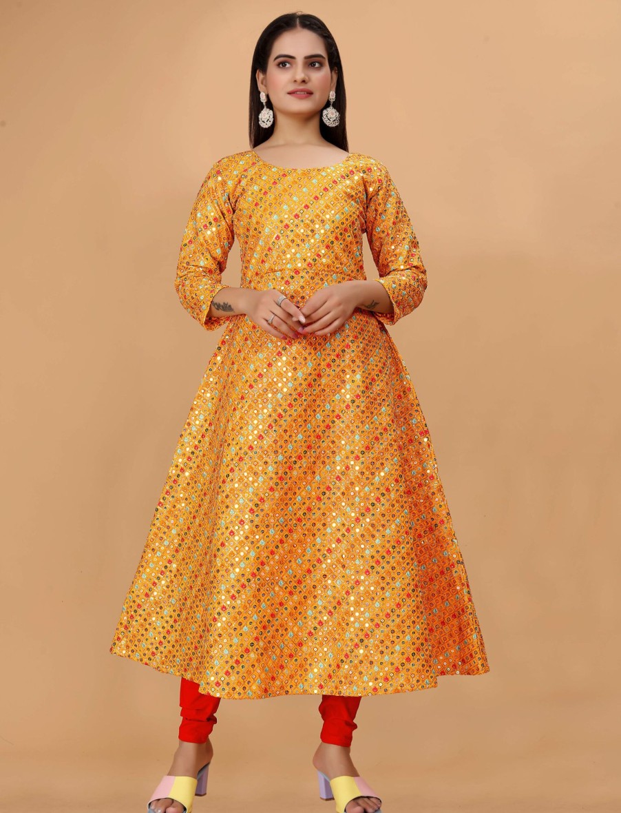 Women IndiFeels Anarkali | Embroidered Yellow Anarkali Kurti Woman