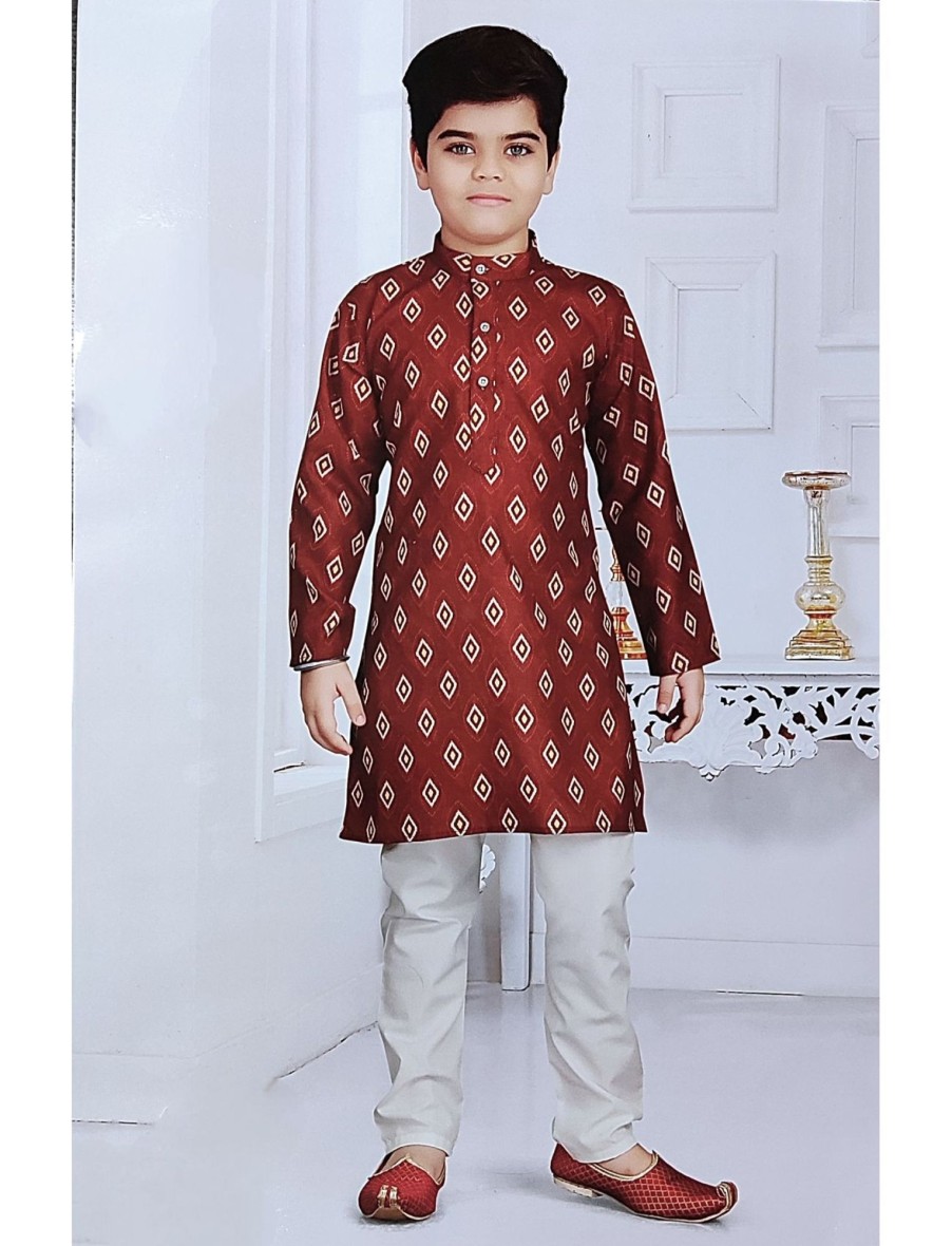 Kids IndiFeels | Marron Kids Printed Kurta Pyjama