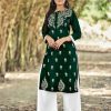 Women IndiFeels Kurti & Pants | Dark Green Embroidery Rayon Kurti With Palazzo