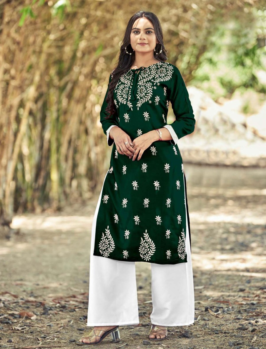 Women IndiFeels Kurti & Pants | Dark Green Embroidery Rayon Kurti With Palazzo