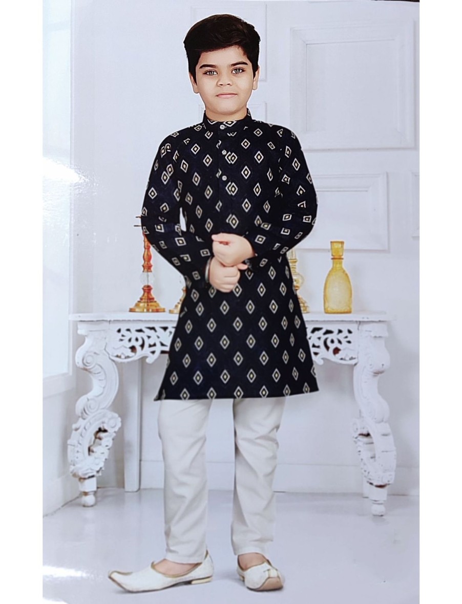 Kids IndiFeels | Navy Blue Boys Printed Kurta Pajama