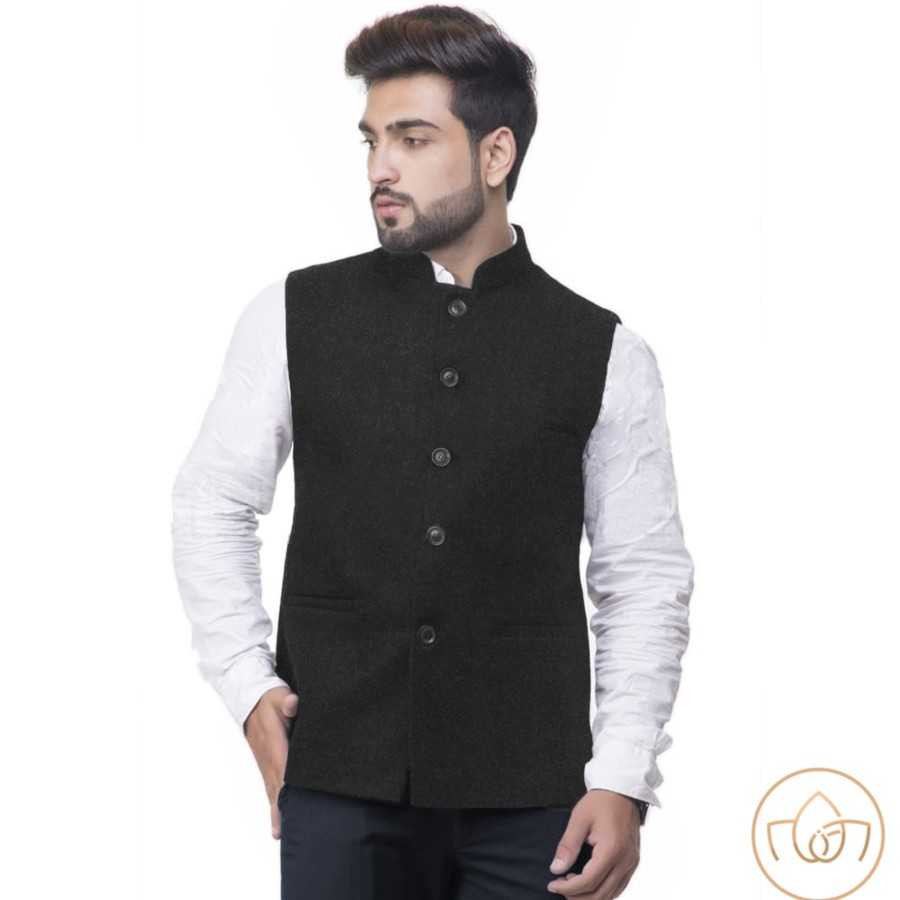 Men IndiFeels | Best Quality Warm Wool Thick Nehru Jacket - Black