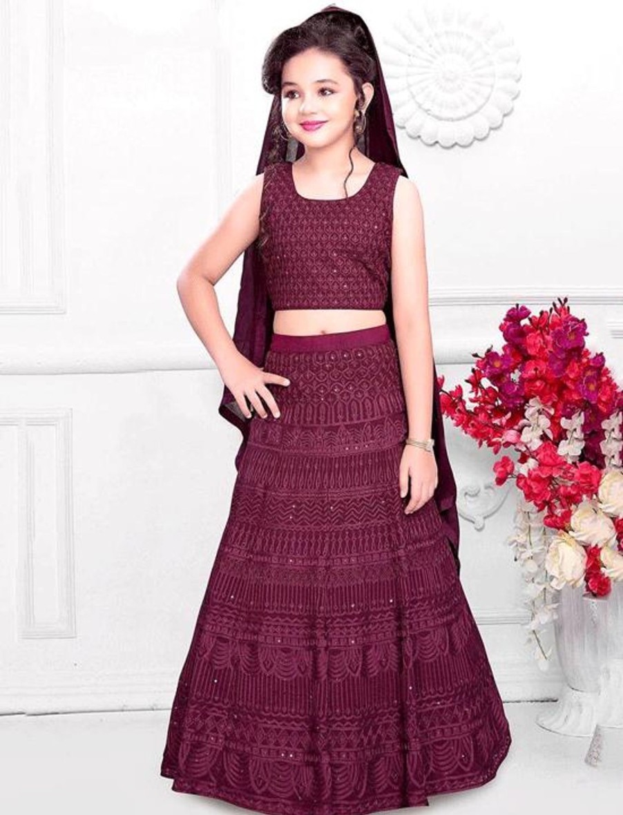 Kids IndiFeels | Wine Embroider Lehenga Girls Ethnic Wear