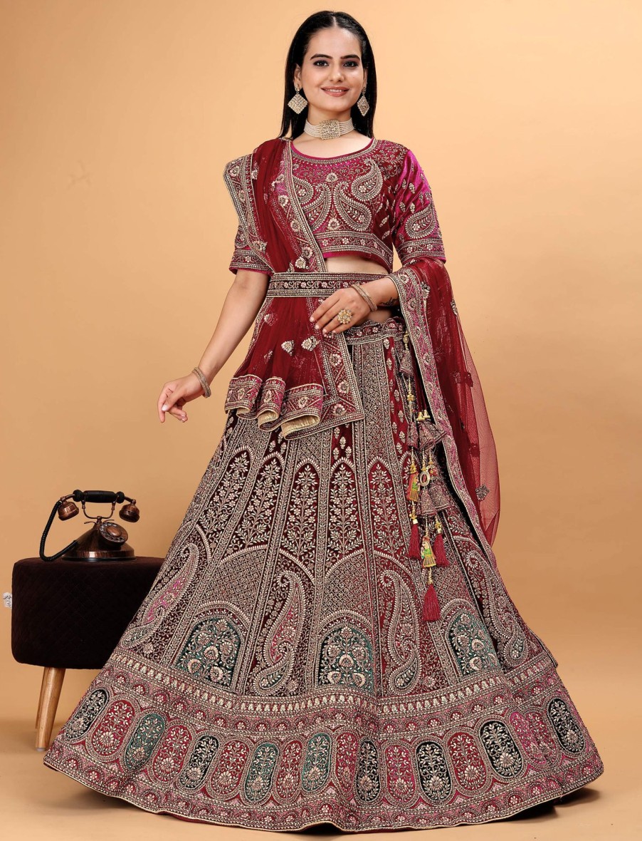 Women IndiFeels Lehenga | Heavy Bridal Embroidered Velvet Lehenga